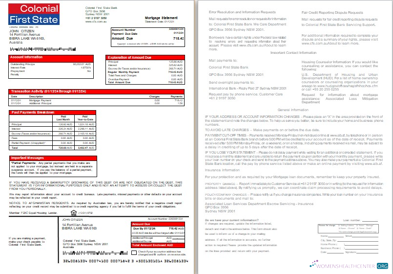 Download Australia Colonial First State Bank mortgage statement, 2 pages, 1 2 scr Photoshop template